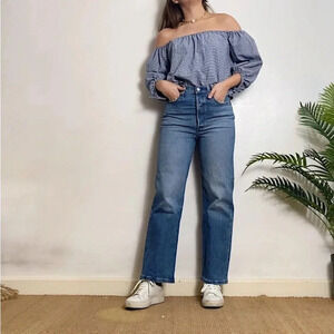 Zara Gingham Checkered Blue White Off Shoulder Cropped Top Tie Sleeves size XS